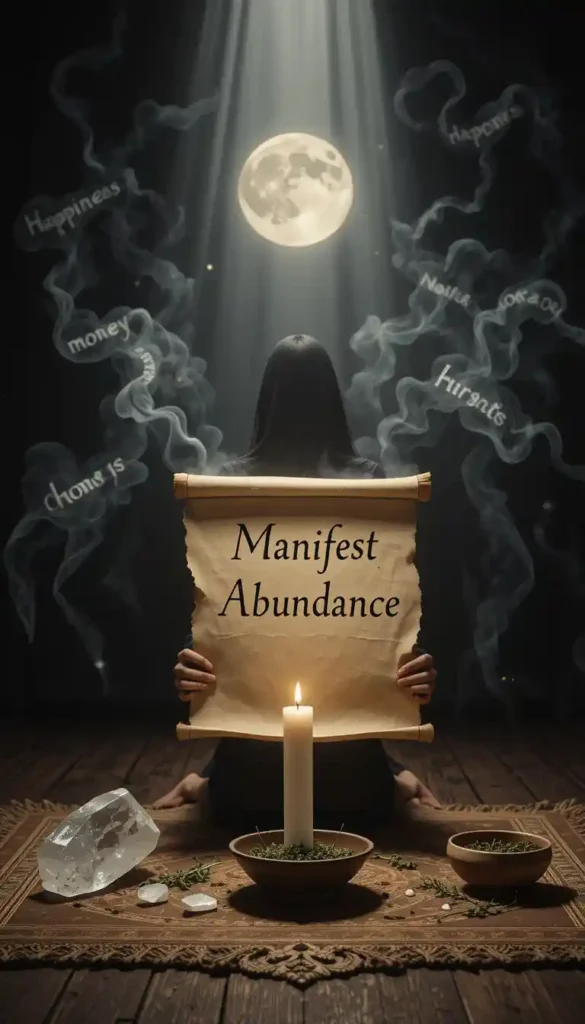 A practitioner kneels before a moonlit altar with a parchment reading “Manifest Abundance,” as focused moonlight converges on the clear intention.