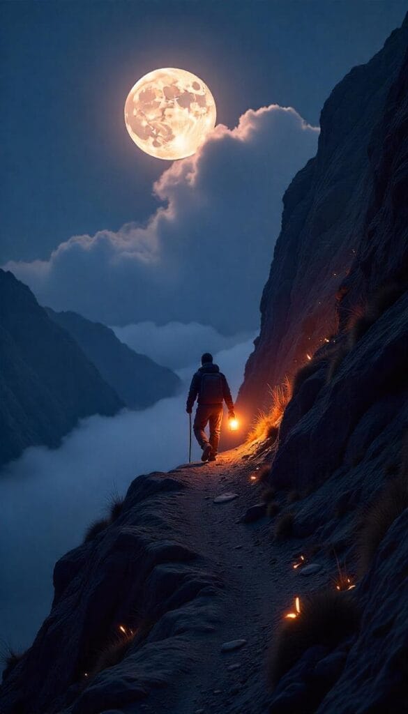 A figure climbs a mountain trail under the First Quarter Moon, glowing with determination and purpose.