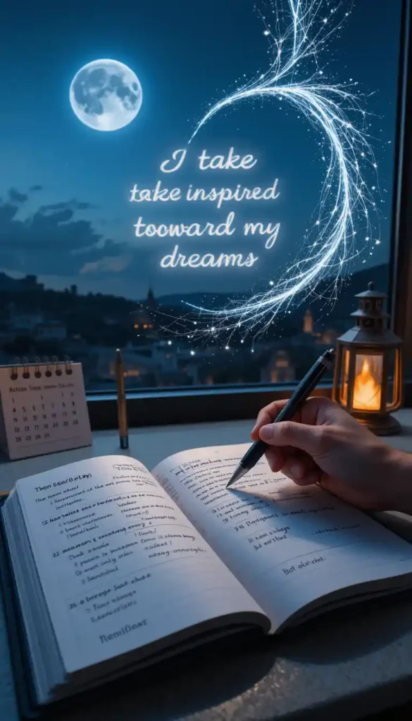A hand writing an action plan in a planner under a bright First Quarter Moon with a lantern and glowing affirmation text.