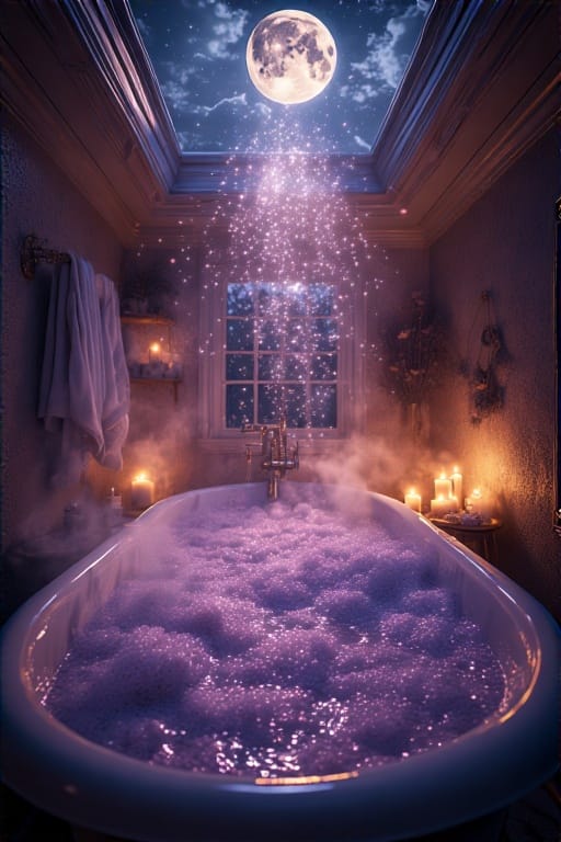 Bathtub glowing under full moonlight, filled with rose petals, salt, and lavender, surrounded by candles and rising magical steam.