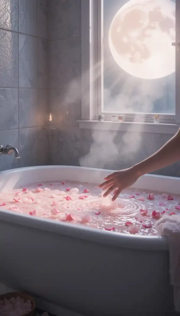 A hand stirring pink Himalayan salt and rose petals in a moonlit bath.