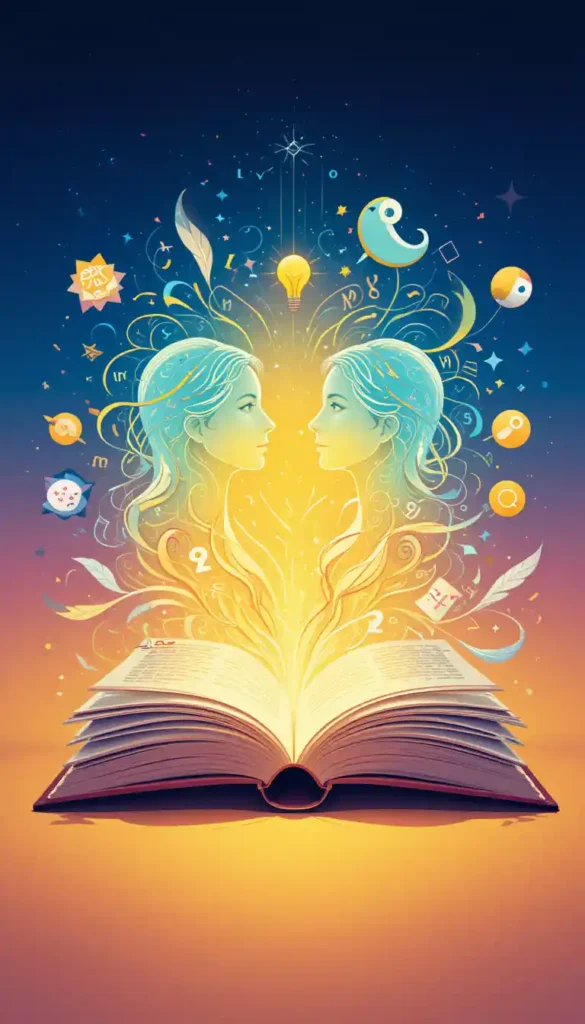 Open book with swirling letters, lightbulbs, dual faces, and icons symbolizing intellectual curiosity under a Gemini Moon.