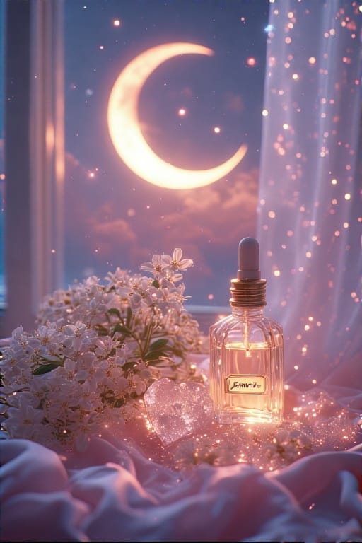 Jasmine oil with blooming jasmine flowers and moonstone crystals under a New Moon sky, evoking lunar femininity and romantic energy.