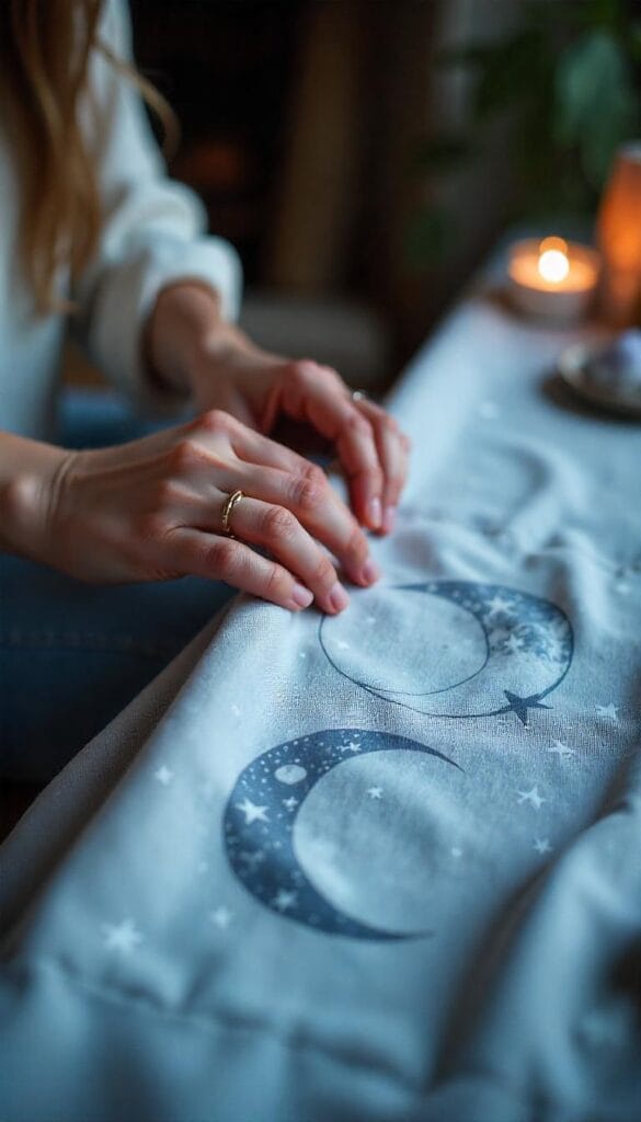 Hands placing a celestial-patterned altar cloth in deep blue and silver tones on a sacred moon magic altar.