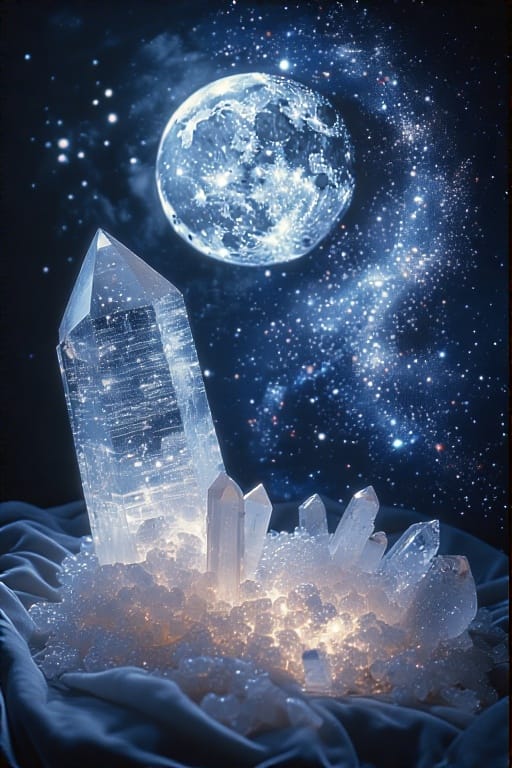 A large crystal point surrounded by smaller crystals with a glowing effect and a moon in a starry background.