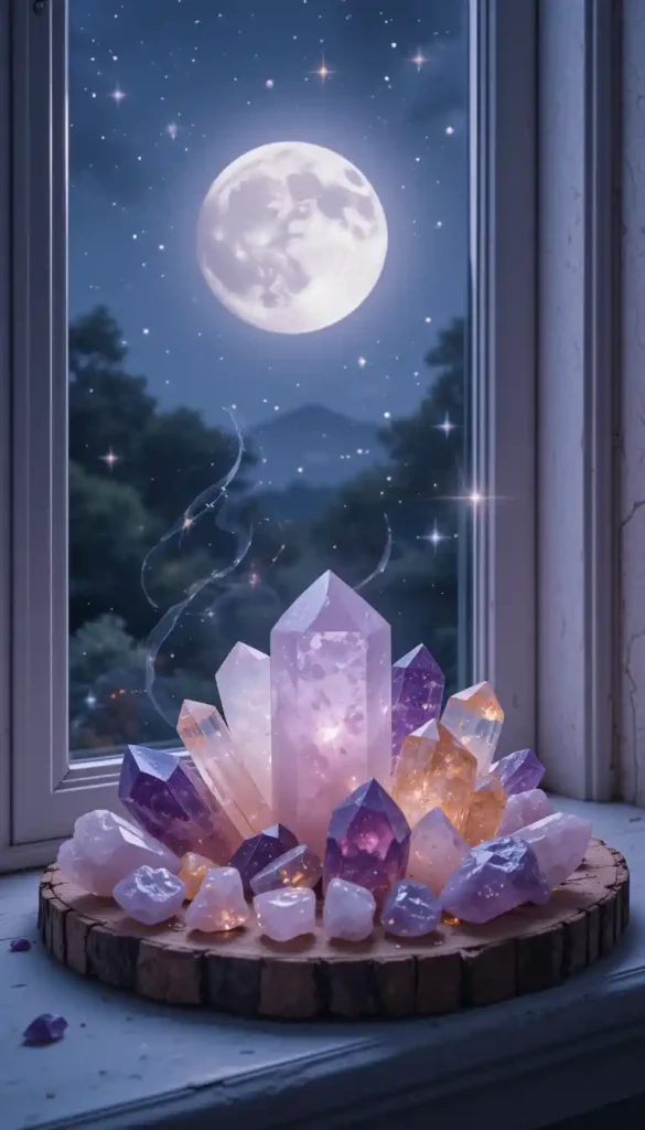 Crystals glowing softly under the full moonlight on a windowsill, absorbing lunar energy for intention-setting.