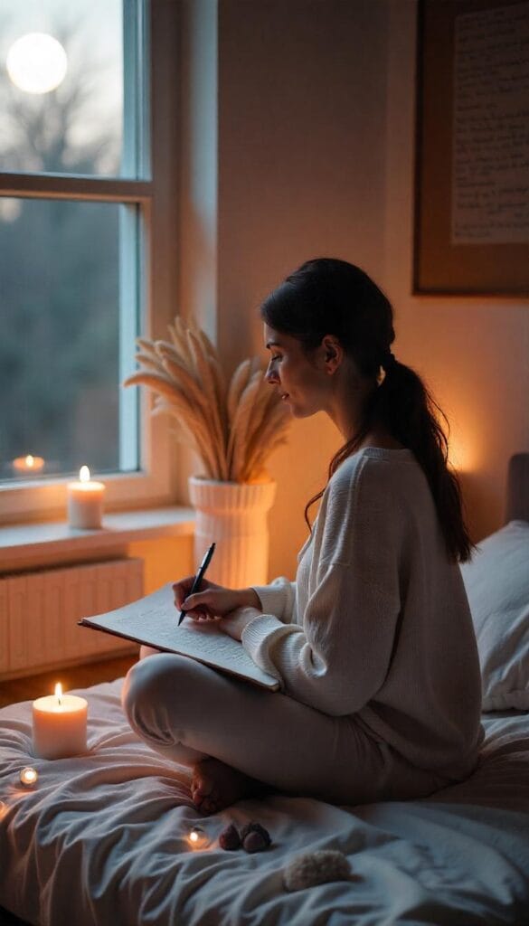 Person journaling intentions under moonlight, surrounded by crystals, candles, and peaceful energy.