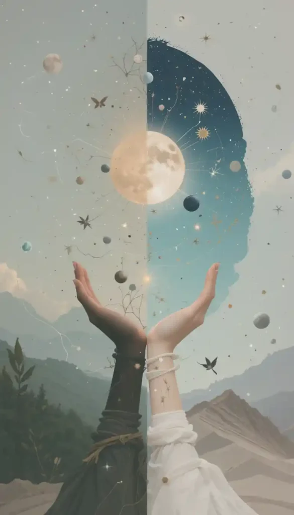 Dualistic image illustrating distinct emotional needs in love based on moon signs. One side features earthy tones and elements like intertwined hands, a rooted plant, or a cozy home, representing the Taurus Moon's need for stability and physical touch. The other side uses cool blues and purples with abstract, futuristic elements like connecting brains or a vast starry sky, symbolizing the Aquarius Moon's need for freedom and intellectual connection. A subtle moon connects the two halves.