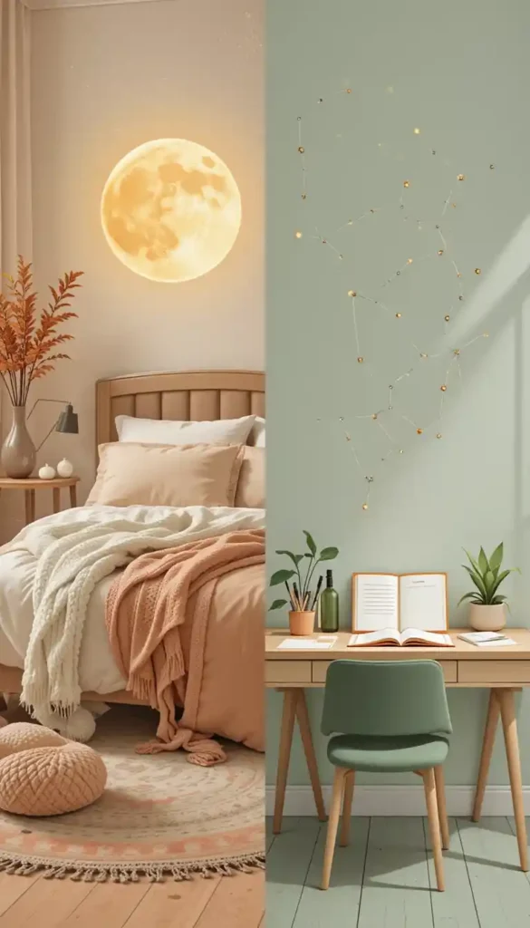 Split image showing Cancer Moon's cozy nest vs Virgo Moon's organized space for zodiac-specific self-care inspiration