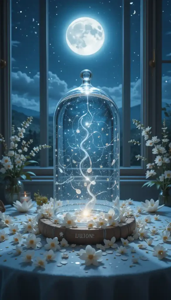 Glass jar of water on a windowsill under full moonlight, surrounded by crystals and lunar flowers.