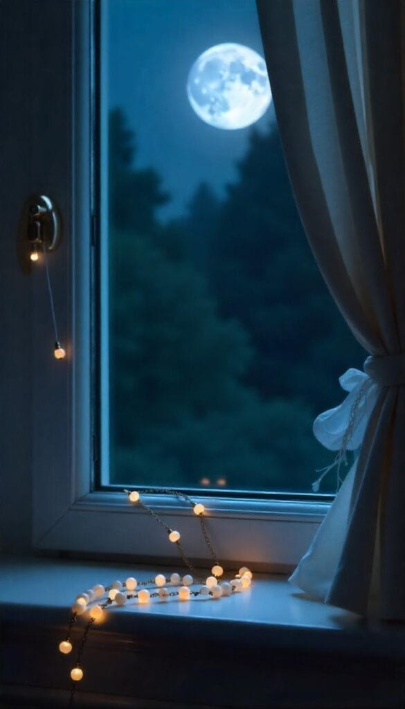 Moonstone bead garland glowing on window sill under moonlight.