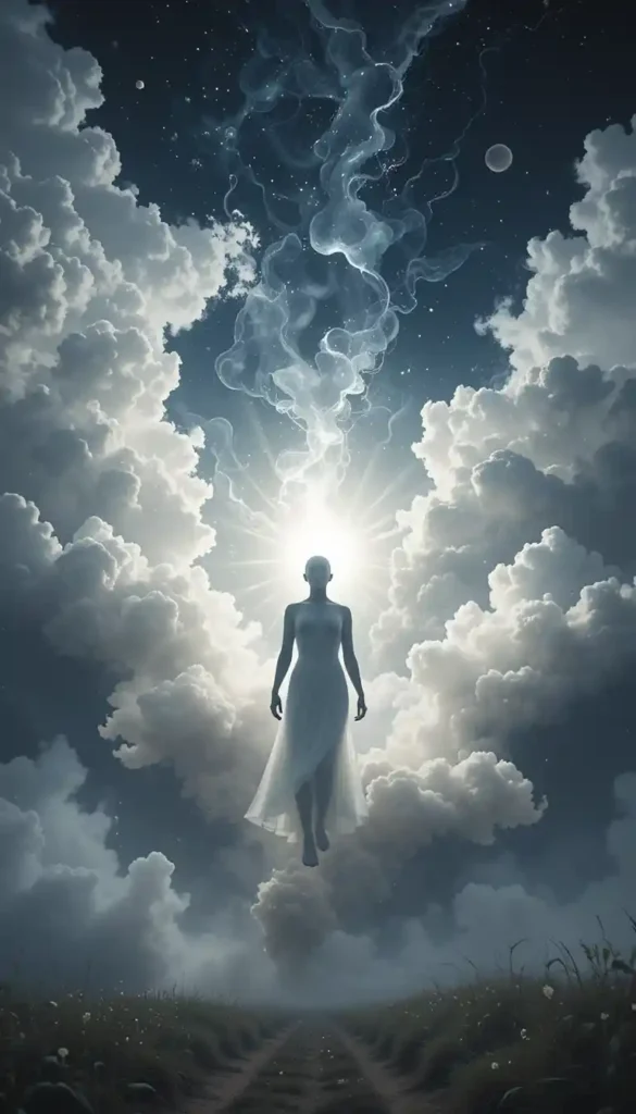 Ethereal image of a figure releasing dark emotional clutter, replaced by a soft, healing light, symbolizing past pain healing and making space for new beginnings.