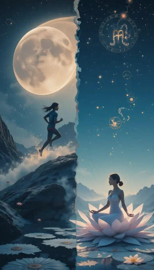 Split scene under a full moon: one person sprinting on a lunar surface, another meditating on a moonlit lily pad with artistic swirls.