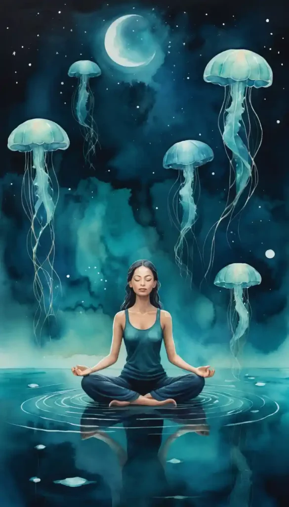 Meditative figure in glowing water with Cancer, Scorpio, and Pisces symbols under moonlight.