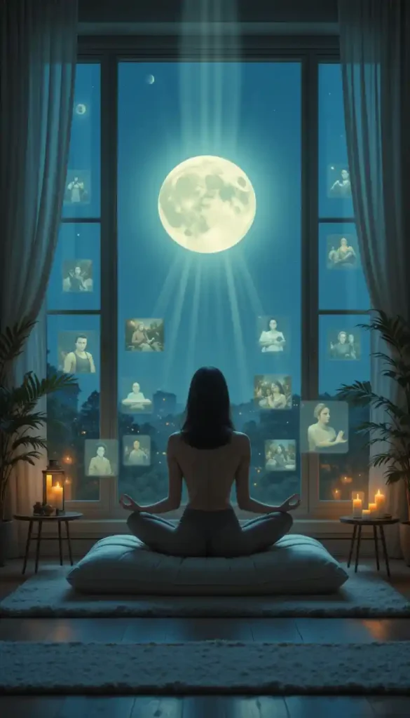 Person meditating by a window under a waxing moon, surrounded by glowing visualizations of goals.