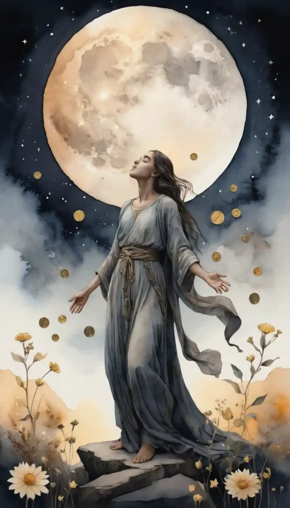 Split scene: shadowy figure clutching wilted coins under a dim moon vs. radiant figure with open arms surrounded by glowing coins and a bright full moon