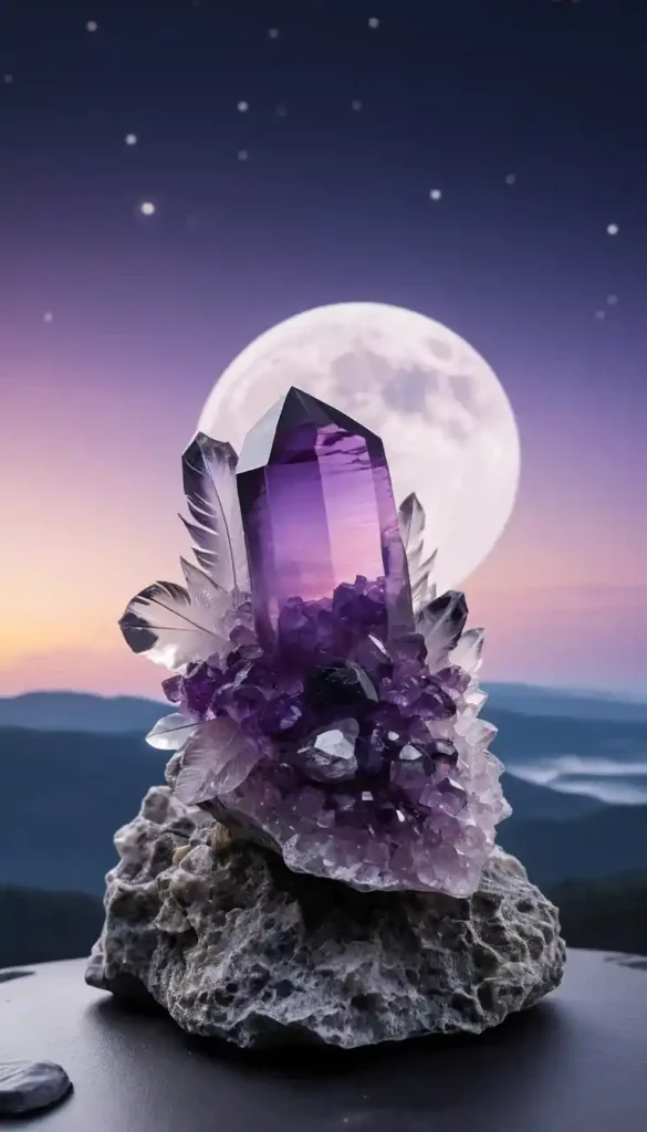 Amethyst crystal glowing under a waning moon with soft violet light and a calming, mystical atmosphere.
