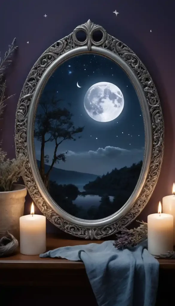 Silver mirror reflecting moonlight and smoke, symbolizing emotional release under the crescent moon.