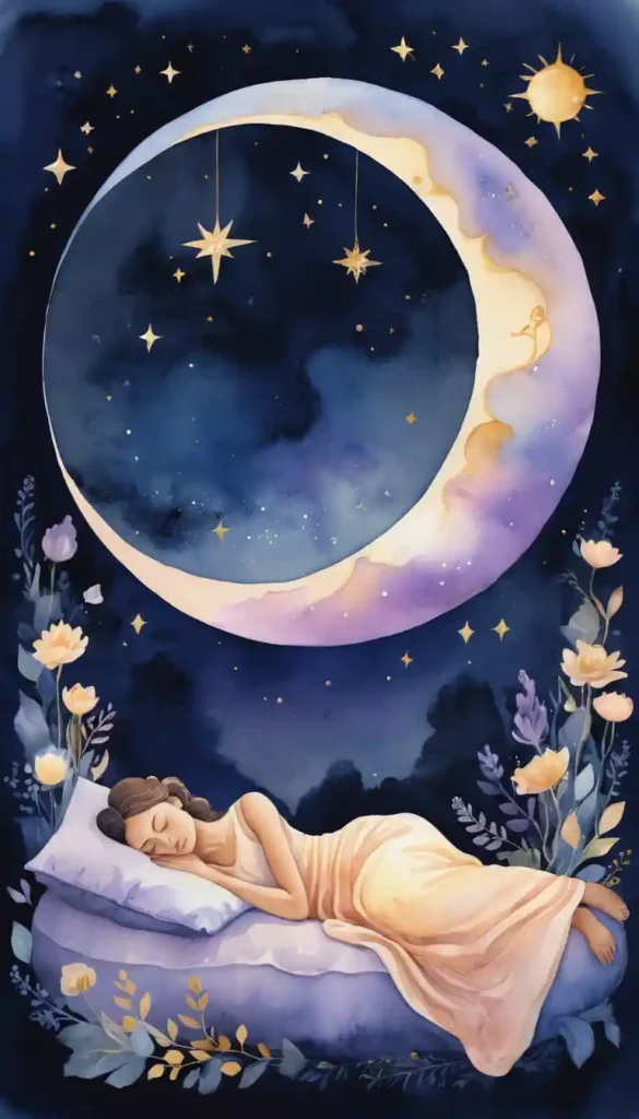 Sleeping figure under a crescent moon with a dream bubble containing symbols like a golden key, flower, and stars.