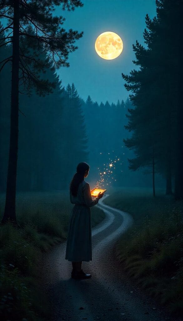 A person stands at a forked forest path under a Waxing Gibbous Moon, holding a glowing compass.