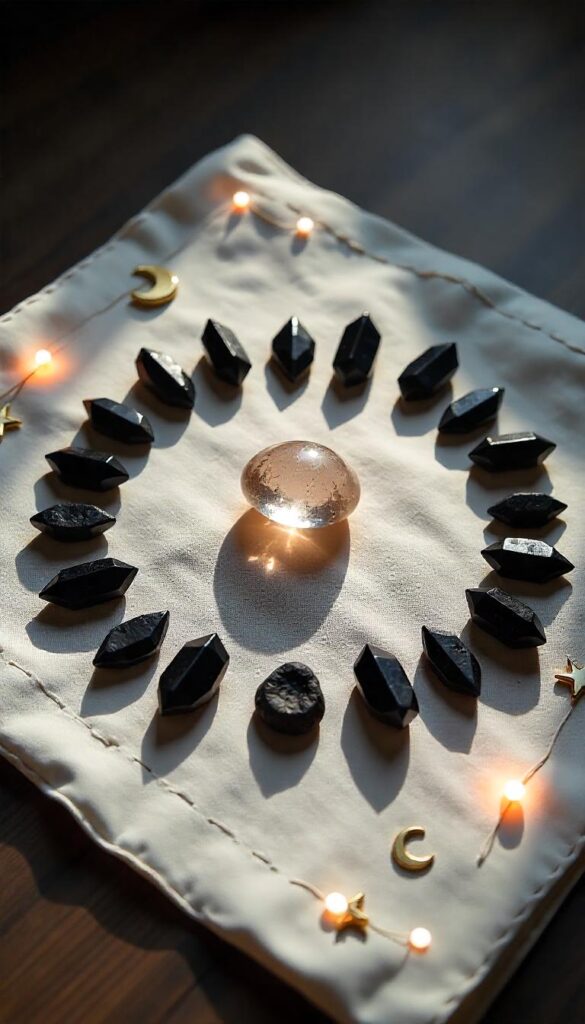 Black tourmaline circle with quartz center on white cloth under moonlight.