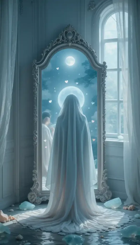 Person wrapped in a blanket gazing into a seashell‑adorned mirror under moonlight with floating hearts and water ripples.
