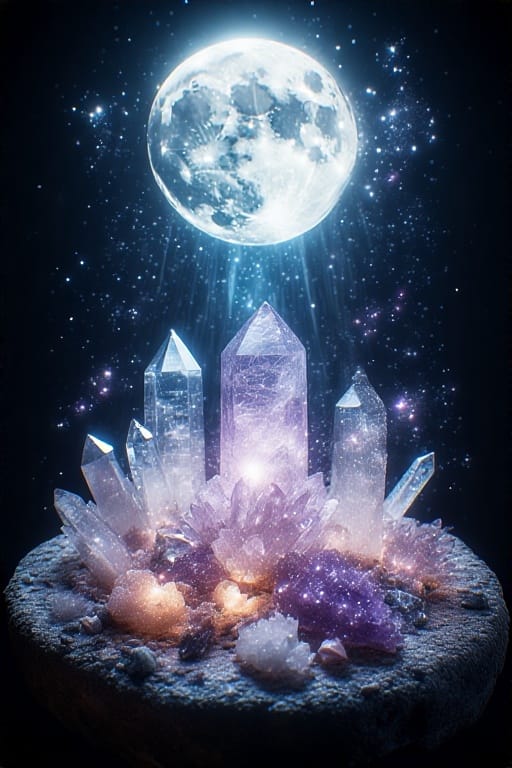 Crystals glowing under full moonlight in a circle, reflecting lunar energy with shimmering auras and soft stardust floating above.