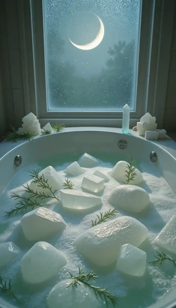 A bathtub with selenite, clear quartz, rosemary sprigs, and baking soda under a waxing crescent moon.