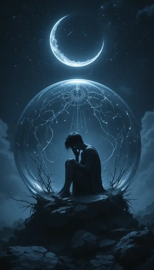 Figure curled inside a glass orb under a crescent moon as silvery moonlight and shadowy tendrils swirl outside.