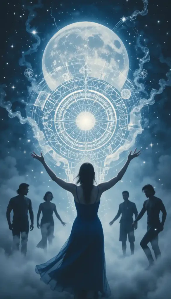 Woman under a full moon raising a glowing barrier to block dark shadows approaching her.