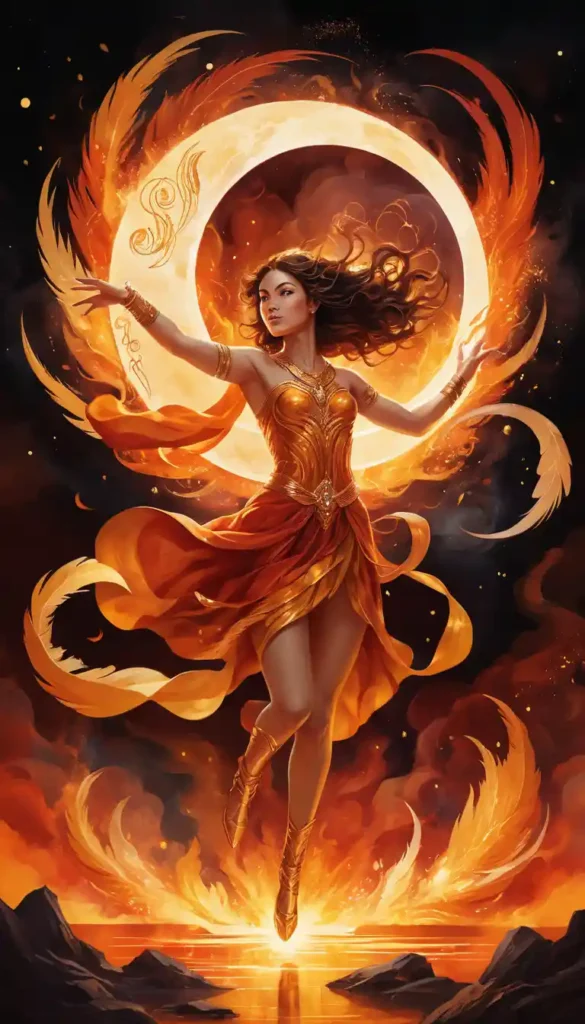 Dynamic figure with Aries, Leo, and Sagittarius symbols amid flames and radiant moonlight.