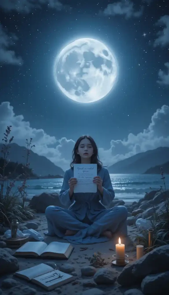 A person sits under the full moon, holding a paper and reflecting on what to release during a nighttime ritual.