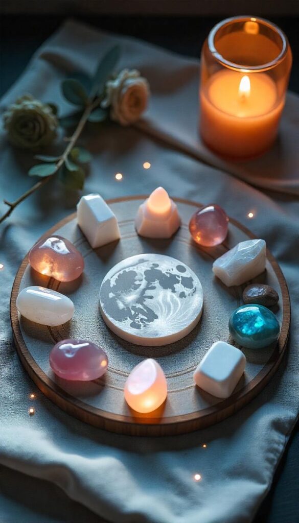 A moon magic altar with glowing crystals—selenite, moonstone, labradorite, and quartz—arranged in a sacred lunar grid.