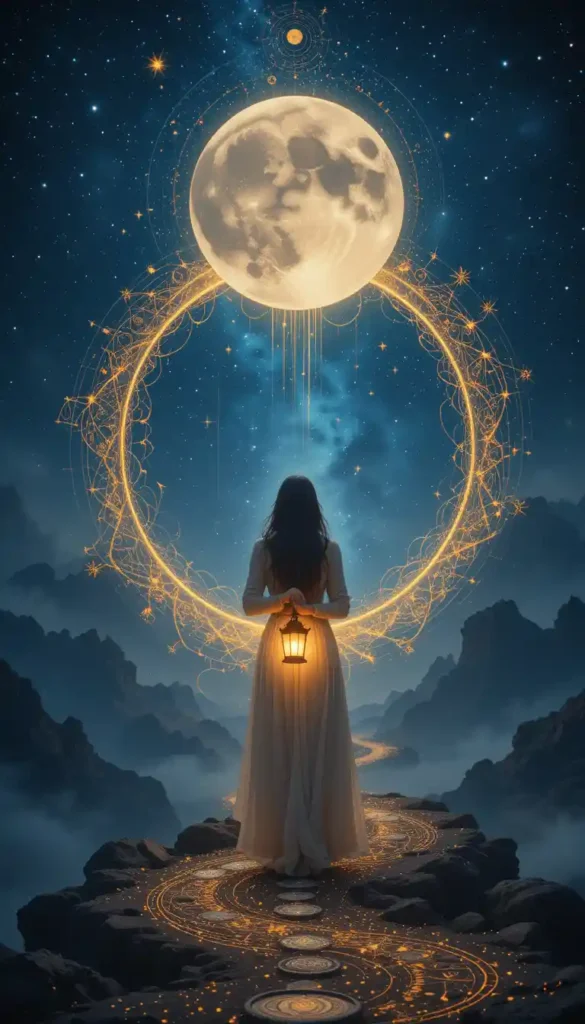 Spiritual woman before a glowing moon portal, surrounded by past life symbols and stardust path, symbolizing emotional healing and karmic release.