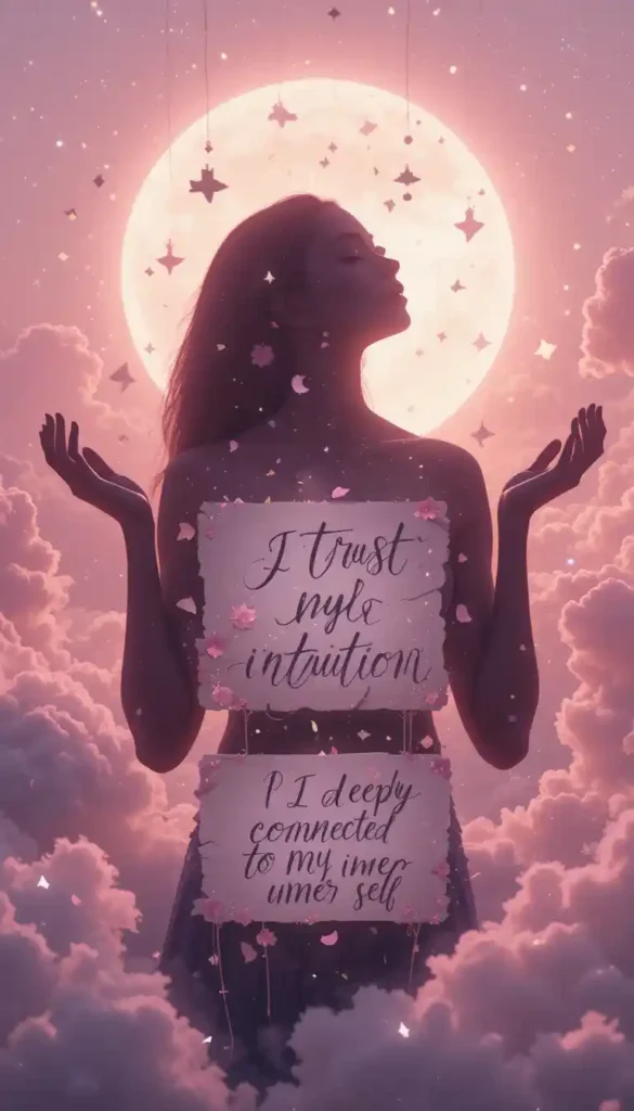 Person raising arms under a crescent moon with hanging affirmation cards and soft lunar scenery.