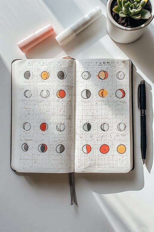 Open bullet journal displaying illustrations of moon phases in various colors and a pen beside it.