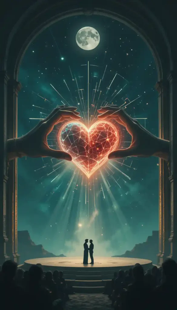 Visually contrasting image illustrating different emotional attachment styles based on moon signs. One side depicts a practical and analytical approach with clean lines and organizing elements, representing a Virgo Moon. The other side shows a passionate and demonstrative scene with vibrant colors and spotlight effects, symbolizing a Leo Moon. A subtle moon connects the two halves, highlighting astrological influence on emotional bonding.