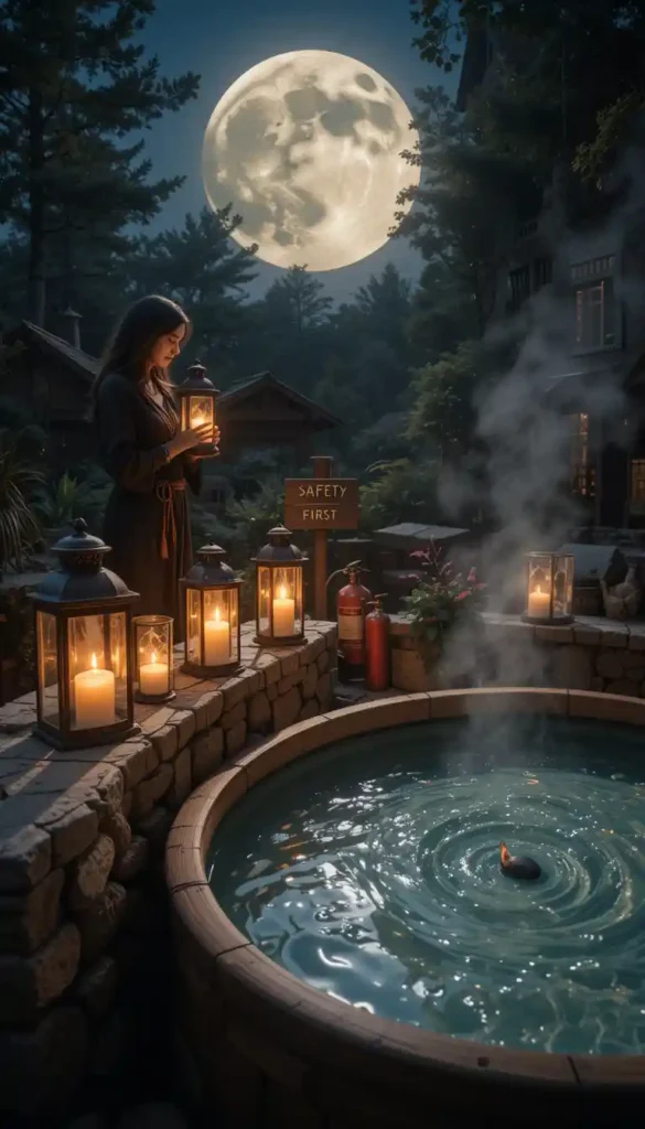 An outdoor moonlit ritual setup with candles in glass lanterns by a water-filled tub, a practitioner holding a lantern, and a “Safety First” sign nearby.