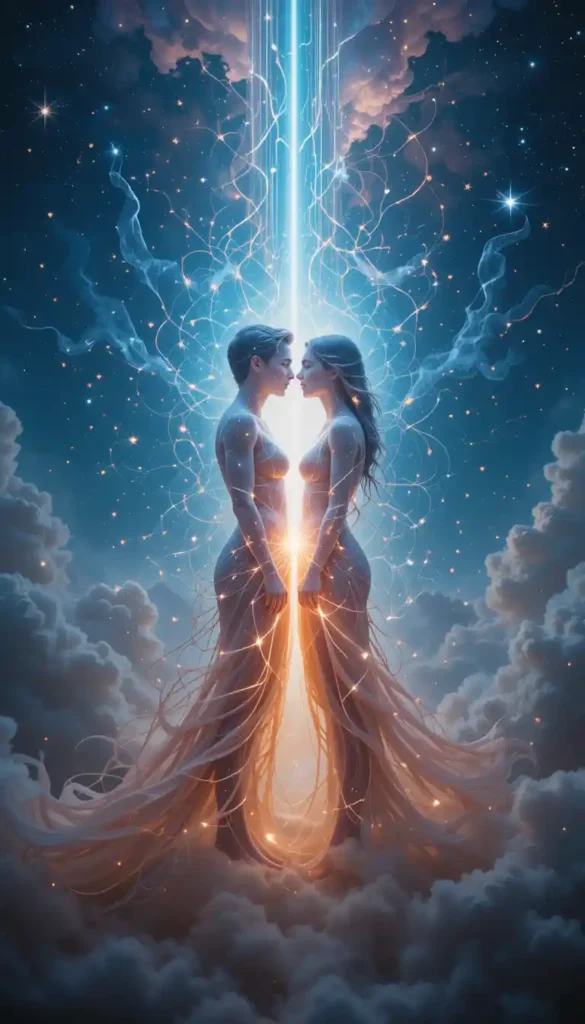 Ethereal image of two luminous figures connecting through their inner light, with superficial elements fading away, symbolizing a profound, soul-deep love.