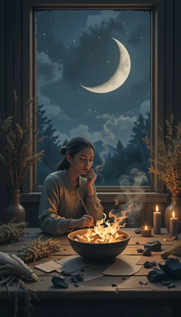 Person burning a handwritten list in a fireproof bowl under a waning crescent moon’s light.