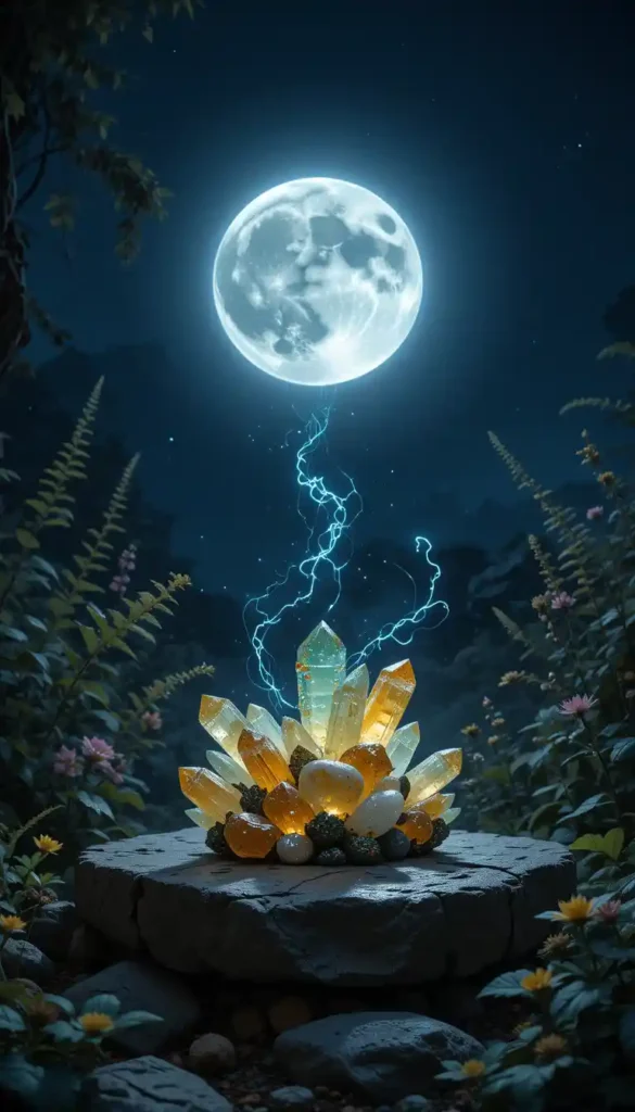 Citrine, pyrite, and green aventurine crystals charging under a glowing Waxing Gibbous moon in a tranquil garden.
