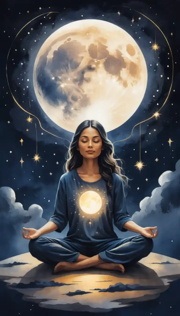 Meditating figure under a full moon with glowing light bulbs and swirling energy representing sudden intuitive insights.