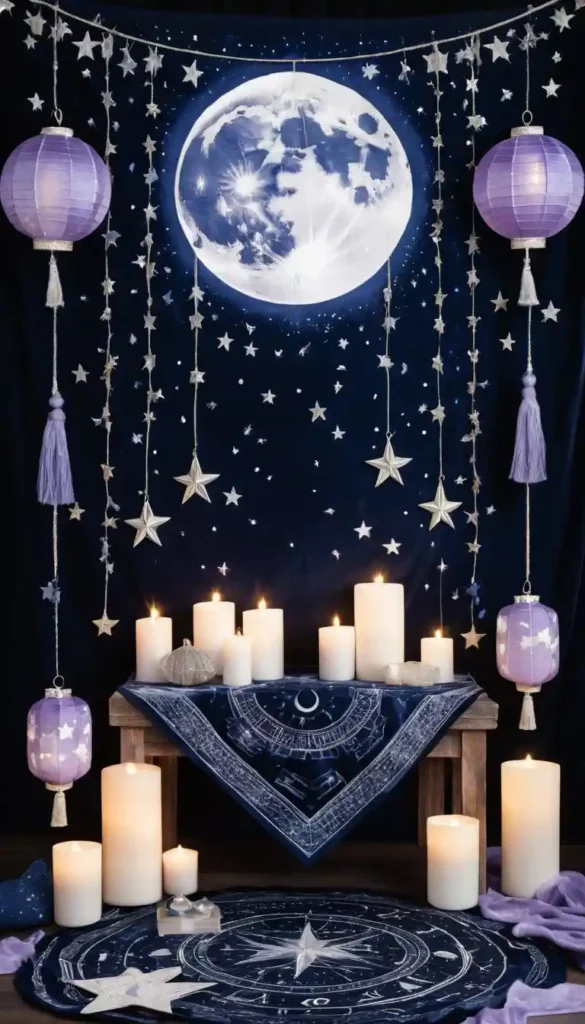 Dark velvet altar cloth with white moon phases, stars, and astrological glyphs under soft lantern light.