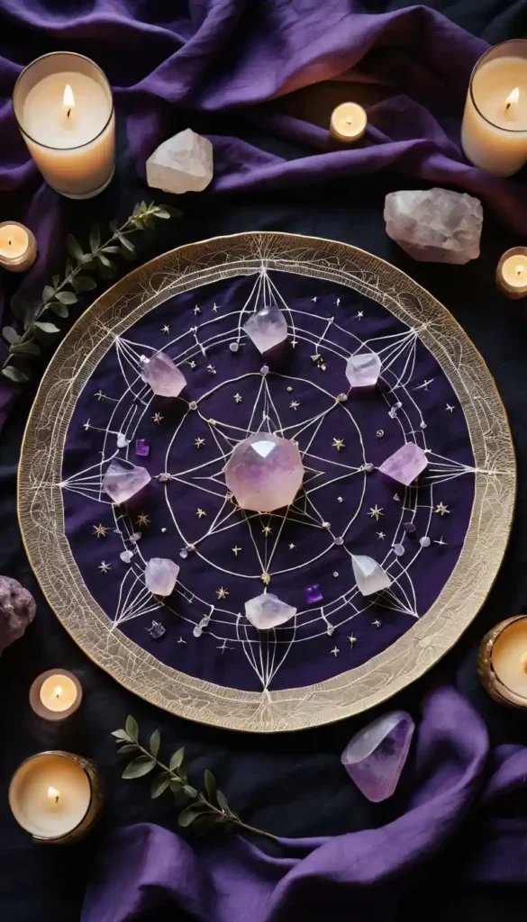 Geometric crystal grid with intention paper glowing under crescent moonlight in a mystical setup.