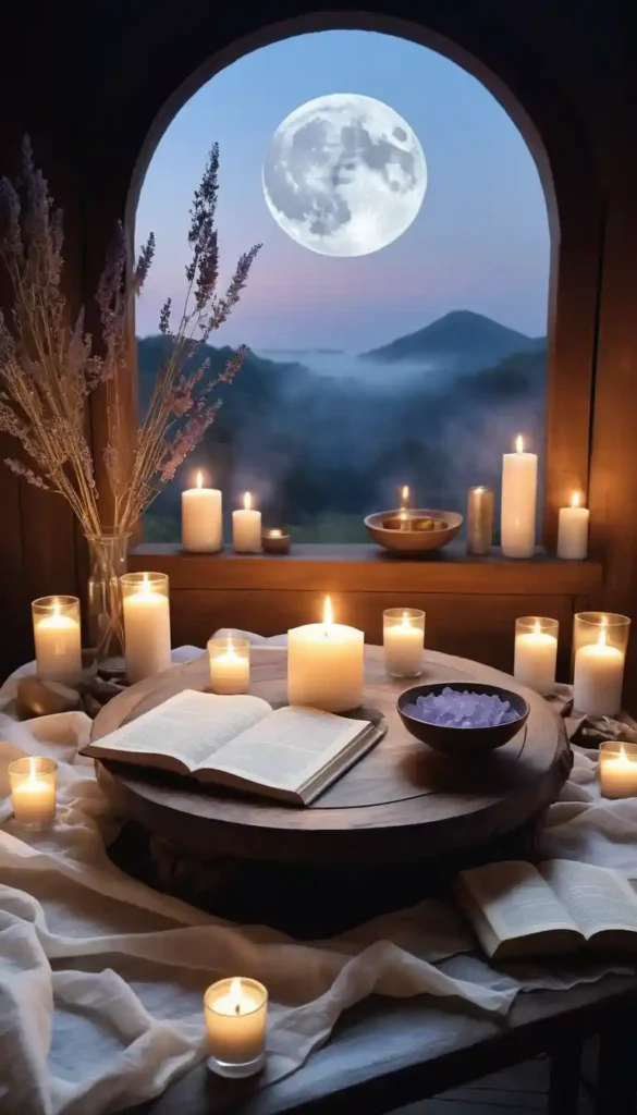Moonlit altar with candles, crystals, journal, and bowl of water symbolizing a dedicated moon manifestation ritual.