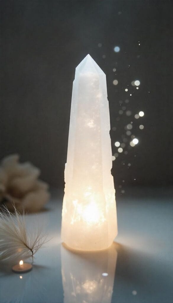 Glowing selenite crystal under a new moon with soft white light and a serene, cleansing atmosphere.