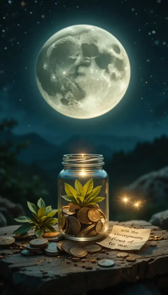 A jar filled with coins and bay leaves sits under a waxing moon, glowing with the energy of an abundance ritual.