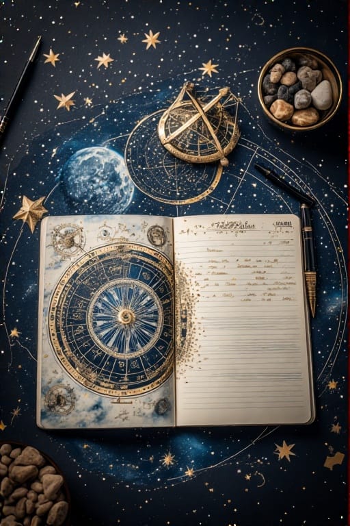 Overhead view of an astro-lunar charting journal with a zodiac wheel, gold-foil symbols, astrolabe ornament, pen, and star confetti.