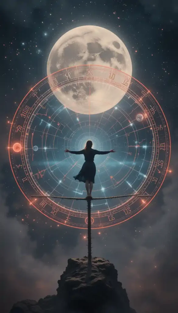 Person balancing on a tightrope over an astrology chart showing the Moon’s hard aspects highlighted in red and blue under a full moon.