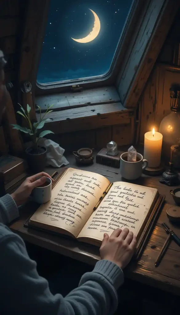 Person writing gratitude journal entries under a crescent moonlit skylight with candles and a mug of tea.